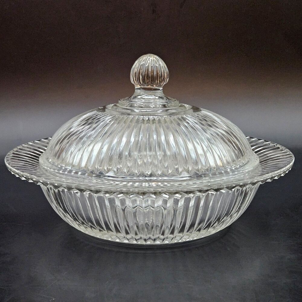 Queen Mary Depression Glass Lidded Butter Preserves Dish  Anchor Hocking Ribbed
